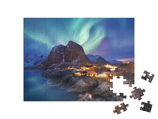 Puzzle de 100 pièces « Aurora borealis sur l'archipel des Lofoten, Norvège »