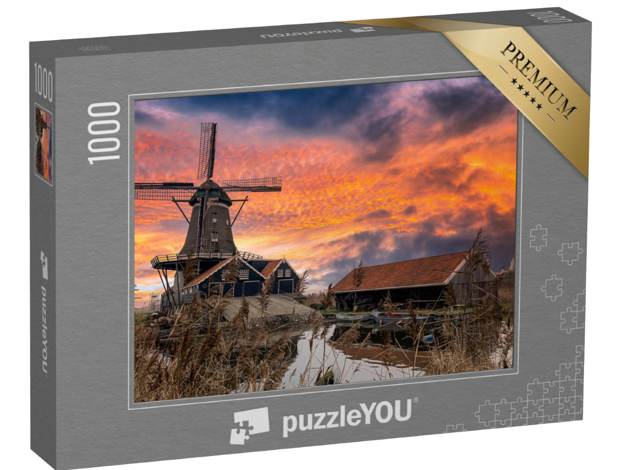 Puzzle de 1000 pièces « Moulin à vent sur une rivière au lever du soleil »