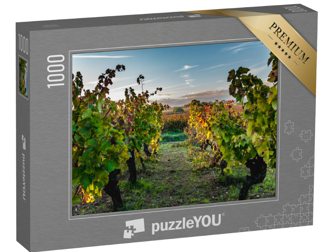 Puzzle de 1000 pièces « Vignoble du Languedoc-Roussillon en automne au coucher du soleil »