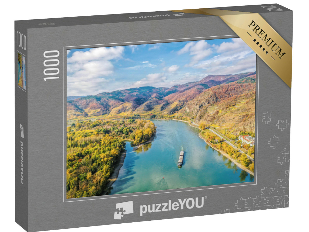 Puzzle de 1000 pièces « Panorama de la vallée de la Wachau avec bateau sur le Danube »