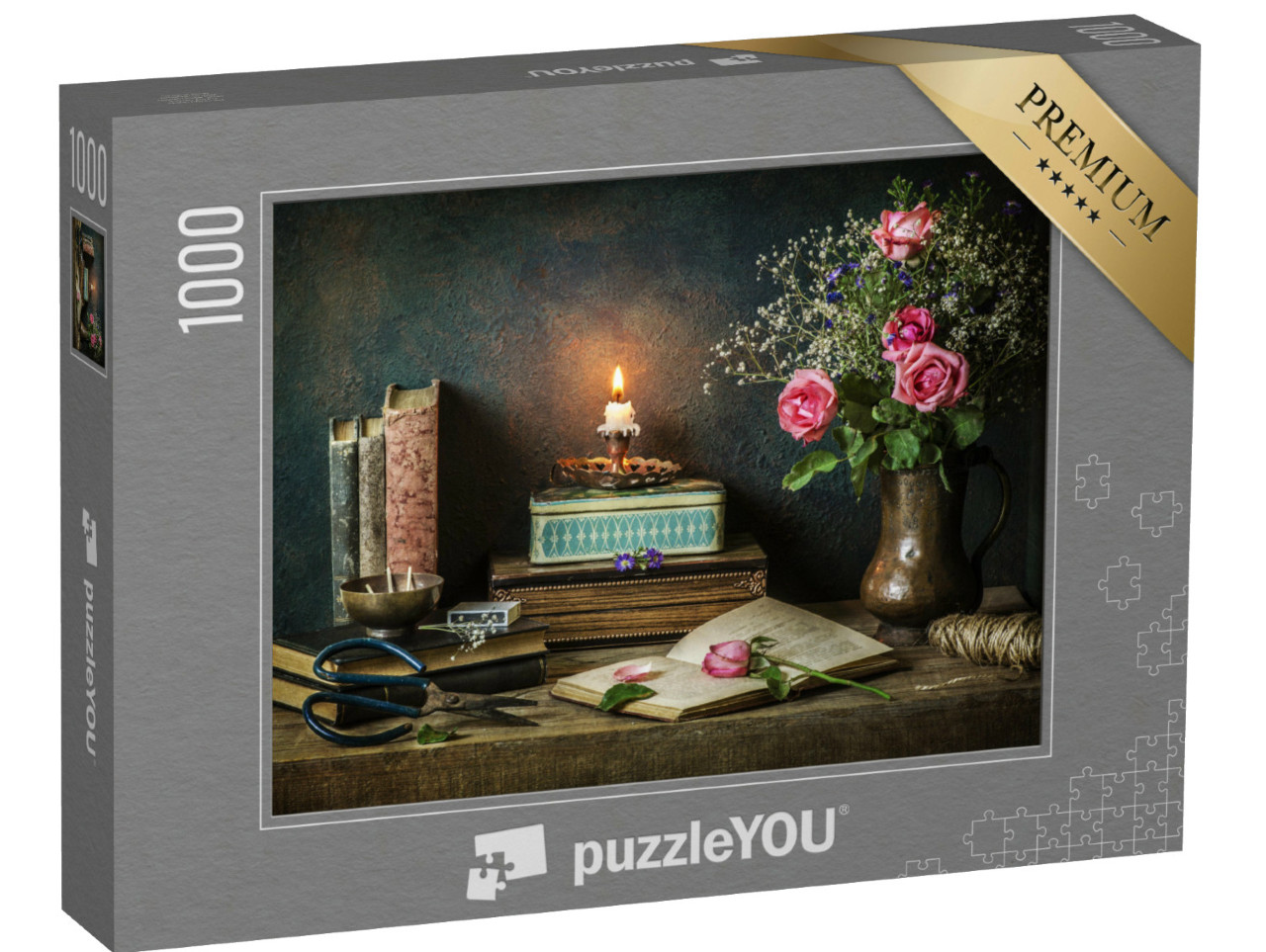 Puzzle de 1000 pièces « Nature morte avec des livres anciens, des boîtes et des roses »
