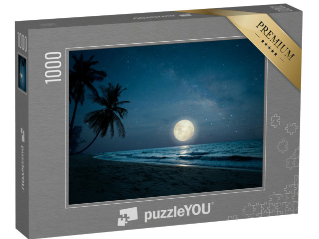 Puzzle de 1000 pièces « Nuit paradisiaque de pleine lune sur une plage tropicale bordée de palmiers »