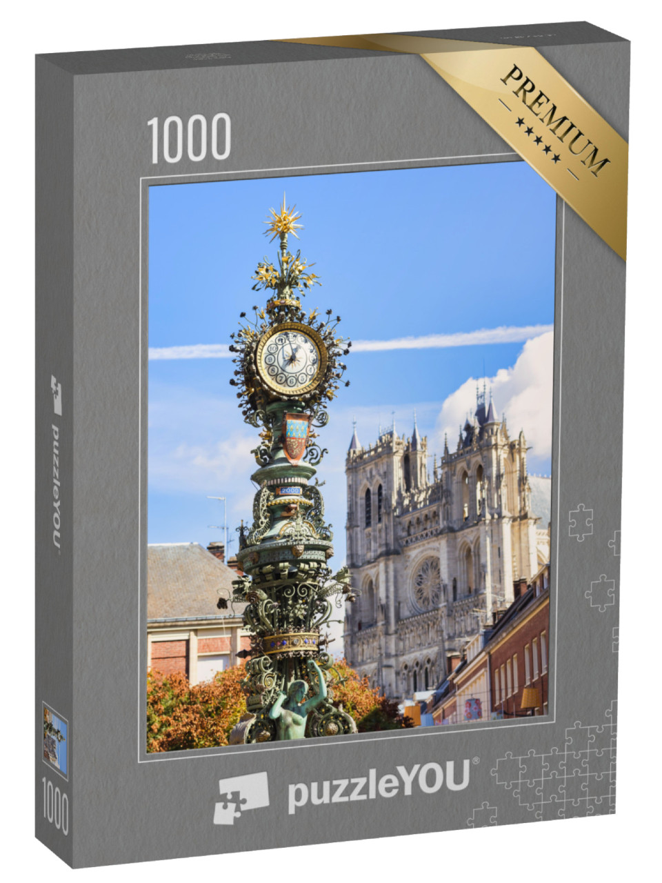 Puzzle de 1000 pièces « horloge de rue historique avec la célèbre cathédrale d'Amiens »