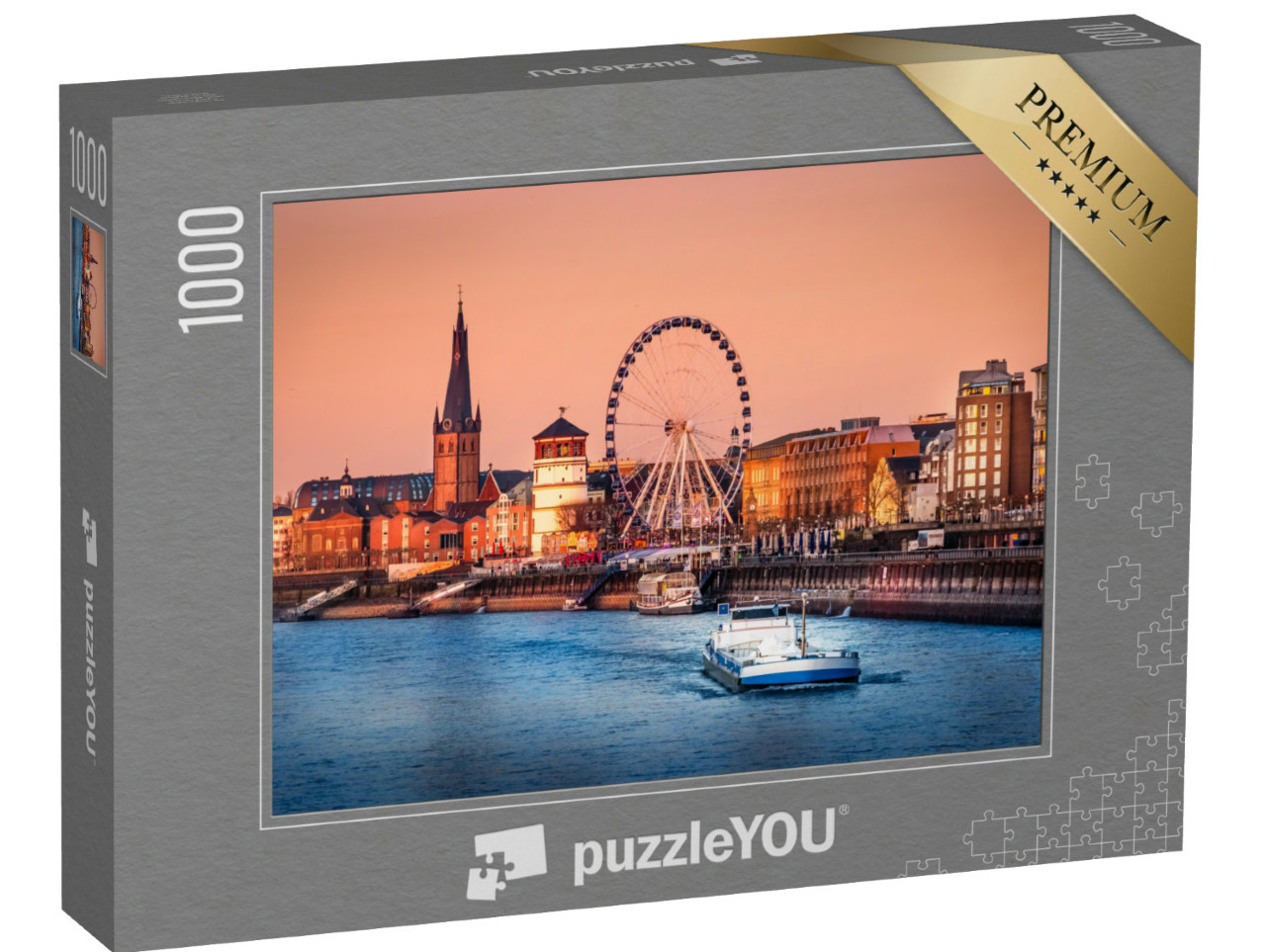Puzzle de 1000 pièces « Vue du soir sur le Rhin et la vieille ville de Düsseldorf, Allemagne »