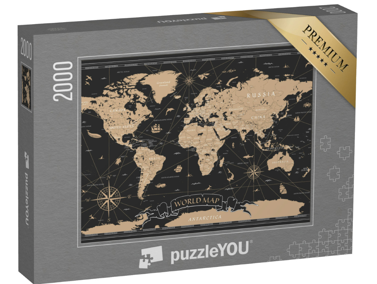 Puzzle de 2000 pièces « World Map Vintage Black Golden Detailed - Vector »