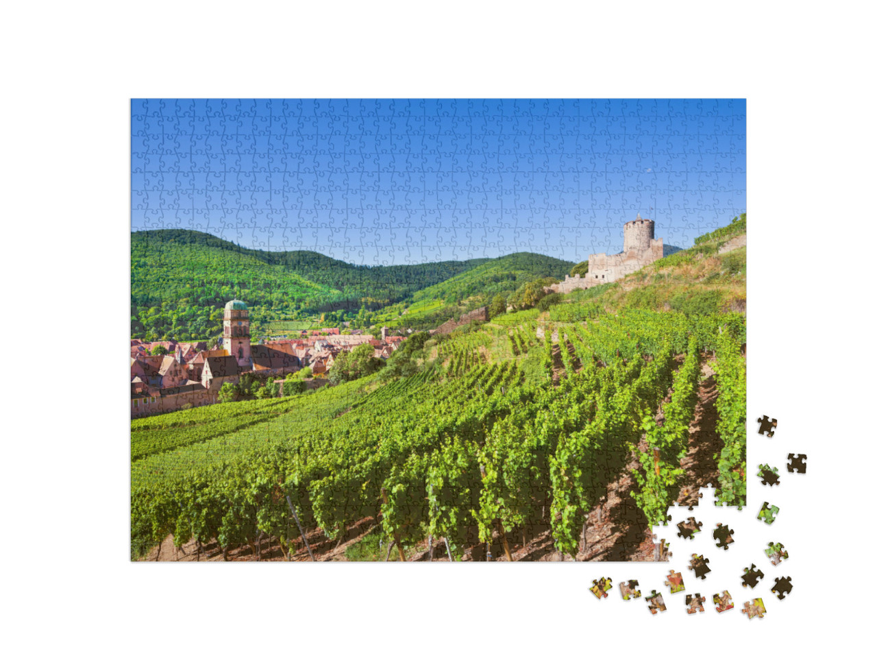 Puzzle de 1000 pièces « Vue aérienne du village de Kaysersberg avec les Vosges en arrière-plan »