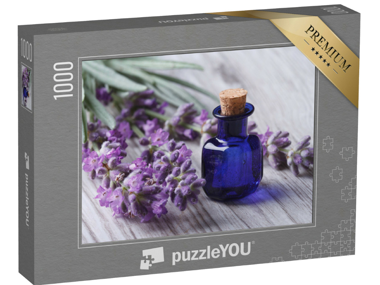 Puzzle de 1000 pièces « Huile essentielle de lavande dans un flacon en verre bleu »