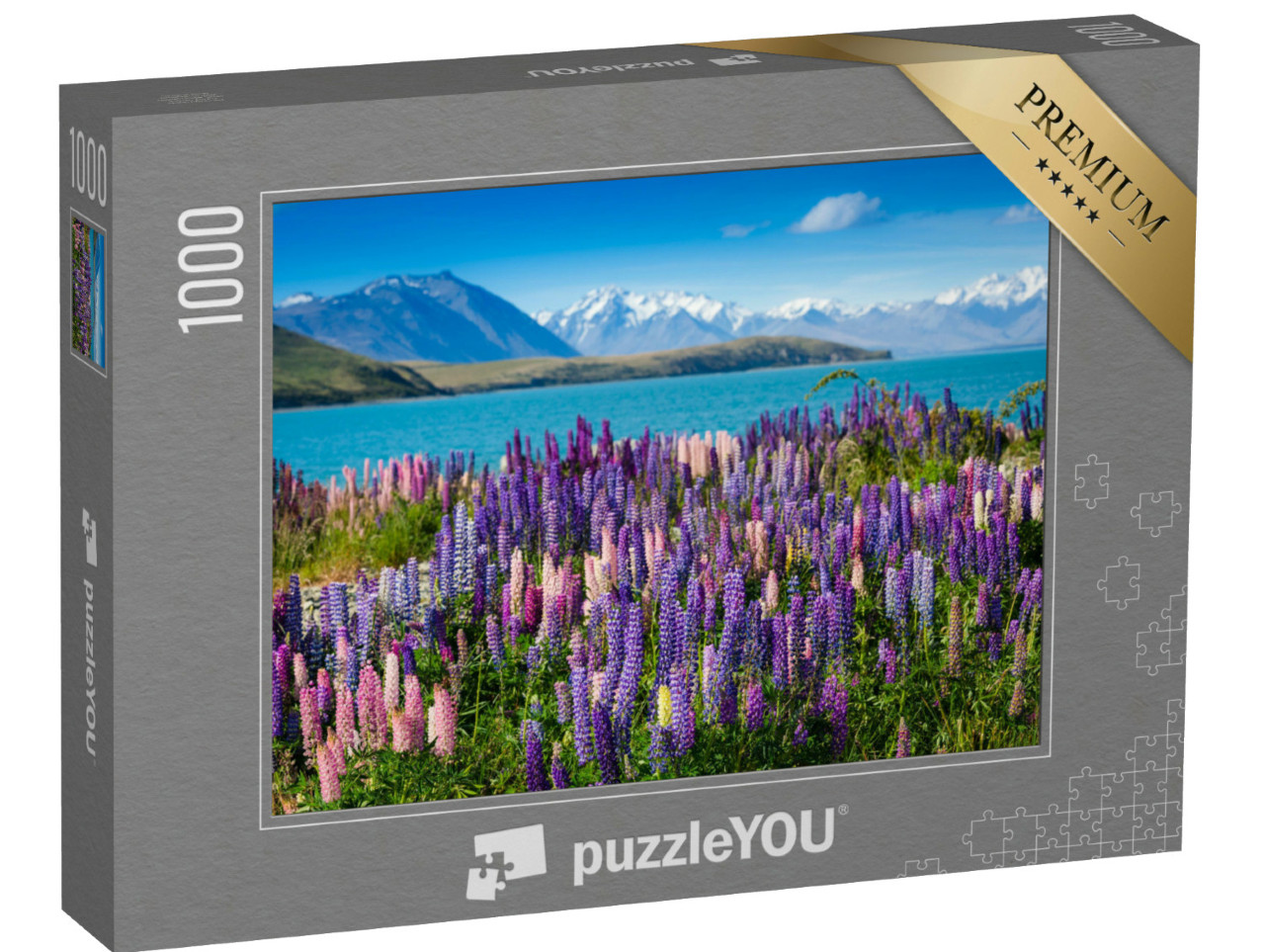 Puzzle de 1000 pièces « Majestueux lac de montagne avec lupins en fleurs »