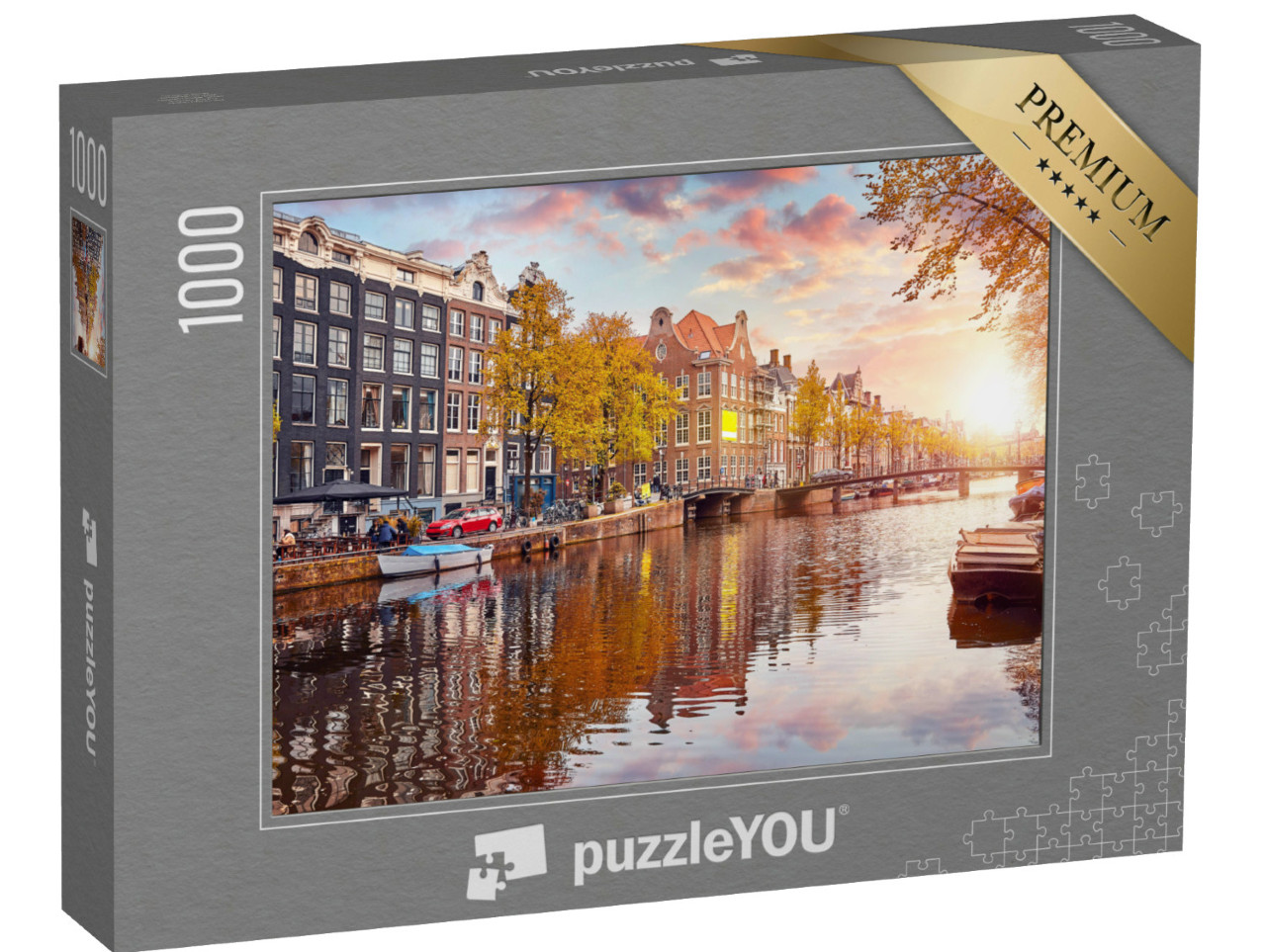 Puzzle de 1000 pièces « Lumière chaude du soleil sur le canal à Amsterdam, Pays-Bas »