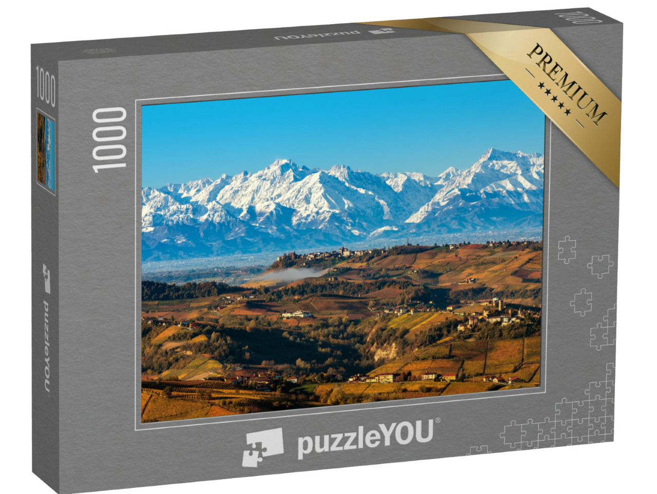 Puzzle de 1000 pièces « Vue d'en haut sur les collines automnales et les montagnes enneigées »