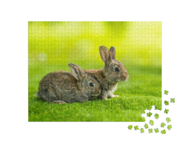 Puzzle de 1000 pièces « Deux petits lapins dans la prairie verte »