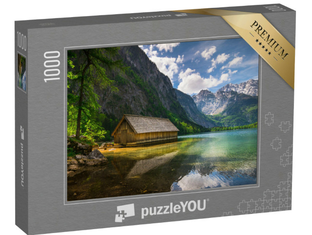 Puzzle de 1000 pièces « Cabane en bois isolée au bord d'un lac de montagne »