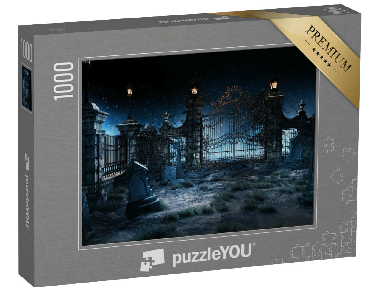 Puzzle de 1000 pièces « Cimetière gothique avec porte en fer et lanternes »
