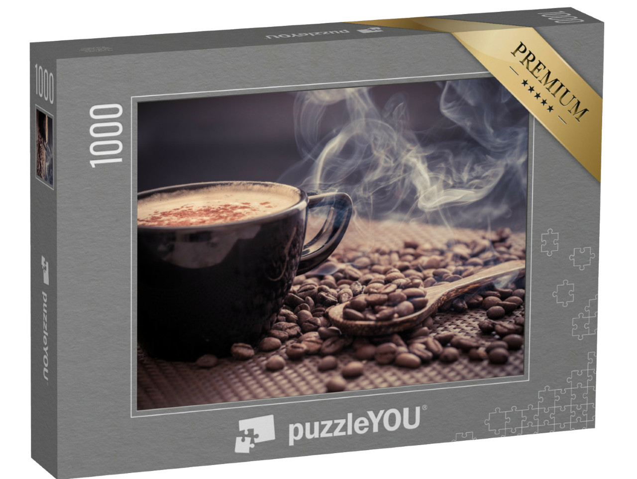 Puzzle de 1000 pièces « Un café chaud et parfumé entouré de grains de café fraîchement torréfiés »