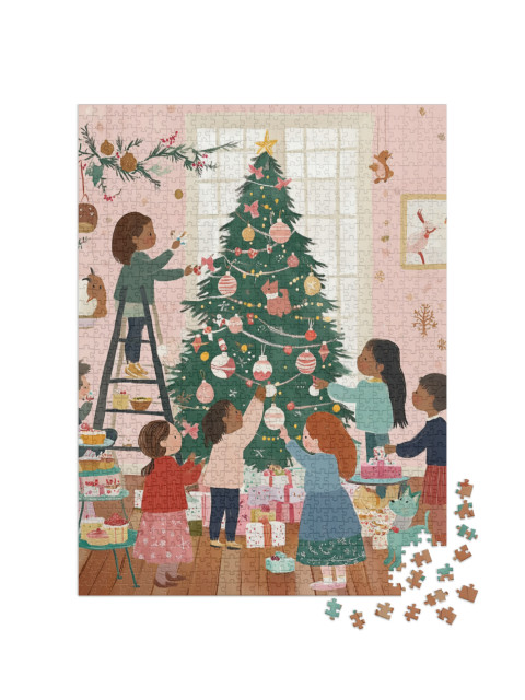 Puzzle de 1000 pièces « Les enfants décorent ensemble le sapin de Noël »