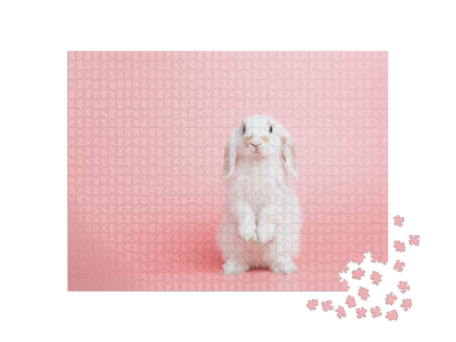 Puzzle de 1000 pièces « Un lapin blanc aux oreilles pendantes pose sur un fond rose »