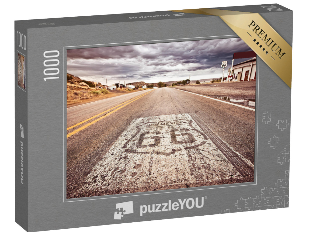 Puzzle de 1000 pièces « Un vieux panneau de la Route 66 peint sur la route »